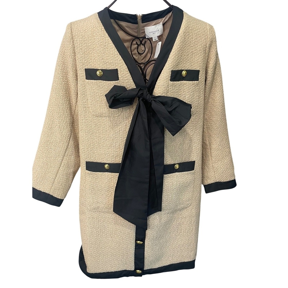 Pomander Place Tuckernuck Coco Tweed Bow Mini Shift Dress Large Beige Black Gold - Picture 2 of 9